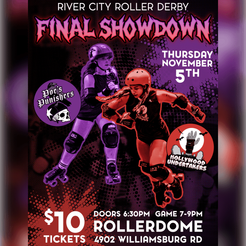 Two roller derby players in gear are positioned in the foreground of a promotional flyer featuring a dark, textured background with bold purple and red text.