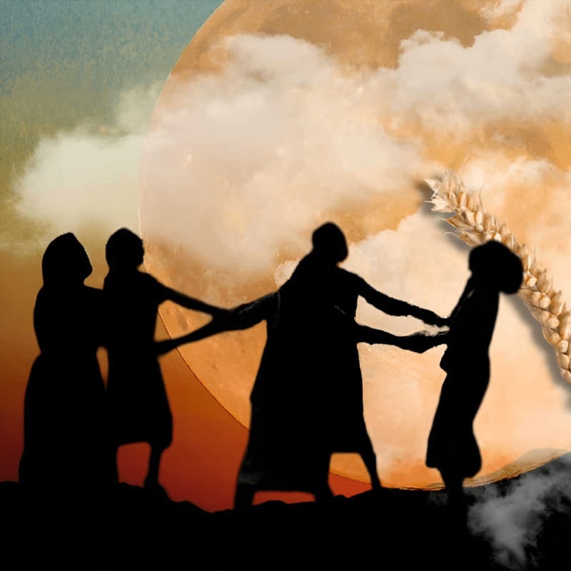 Four silhouetted figures hold hands in a circle in the foreground against a background of a massive orange moon and soft clouds.