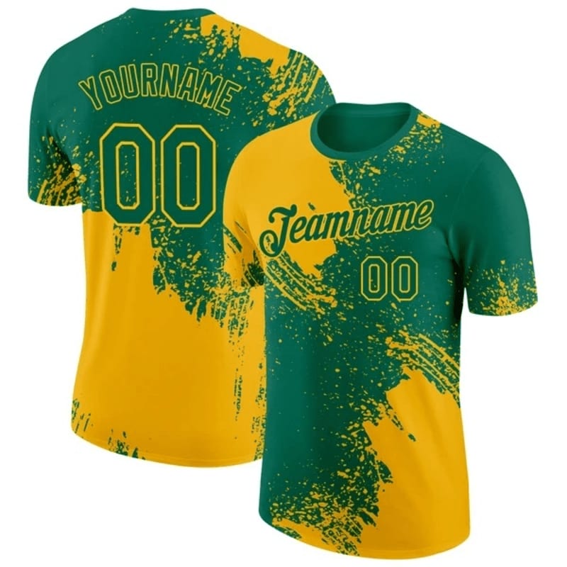 Two green and yellow sports jerseys with "Teamname" and "Yourname" printed on them are displayed against a plain white background.