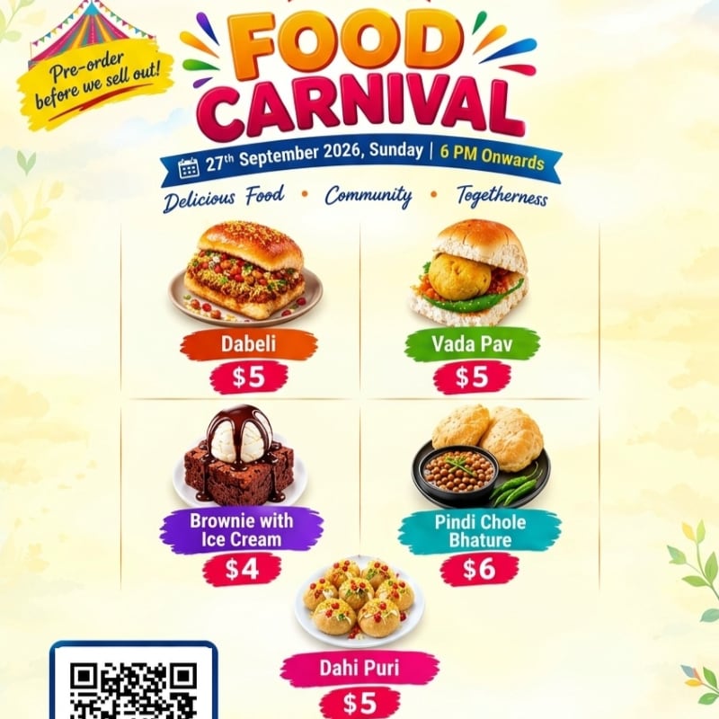 Various Indian food items with prices are displayed in the foreground against a colorful "Food Carnival" event flyer featuring a temple in the background.