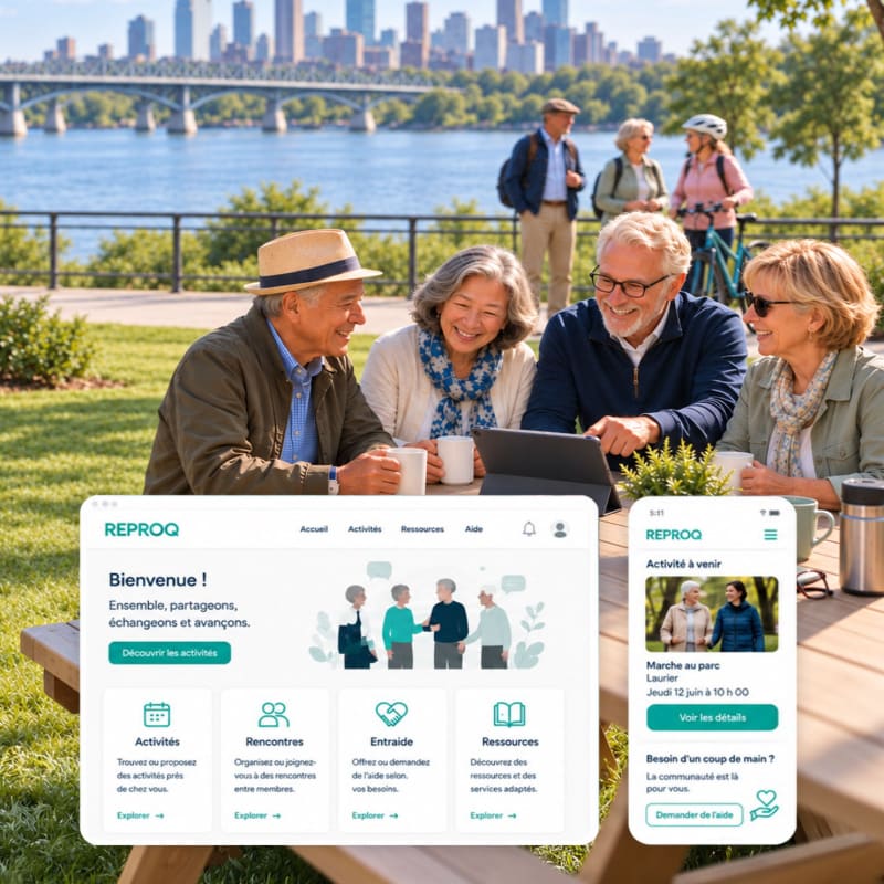 Four seniors sit around a wooden table using a tablet in a park, with a city skyline and bridge visible across a river in the background.