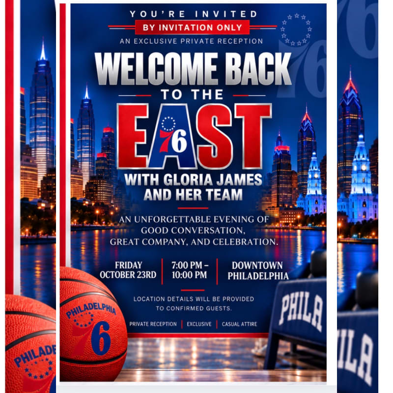 A basketball sits in the foreground of an invitation featuring a nighttime Philadelphia city skyline in the background.