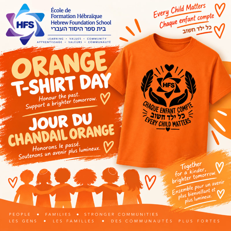 An orange t-shirt with a logo sits in the foreground against a background featuring "Orange T-Shirt Day" text in English and French and silhouettes of children holding hands.