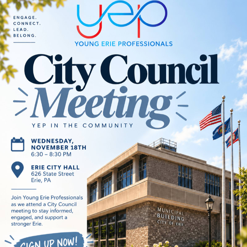 Text announcing a City Council meeting overlays a foreground image of the Erie Municipal Building with flags flying against a clear blue sky background.
