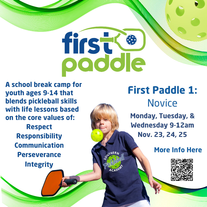 A young boy holding a pickleball paddle stands in the foreground against a white background featuring a "first paddle" logo, camp details, and green abstract swirls.