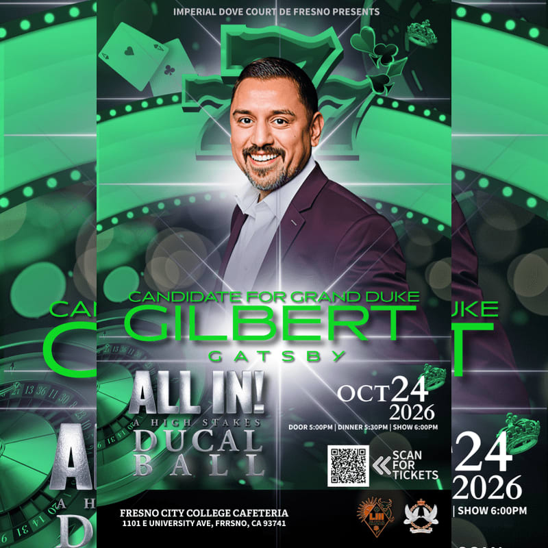 A casino-themed poster for a "High Stakes Ducal Ball" features playing cards and dice in the foreground against a background of a roulette wheel and the number 7.