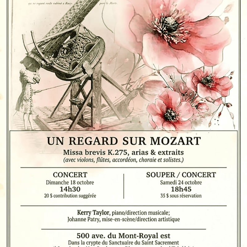 A person looks through a large, ornate telescope in the foreground, set against a background of soft pink floral illustrations and event text.