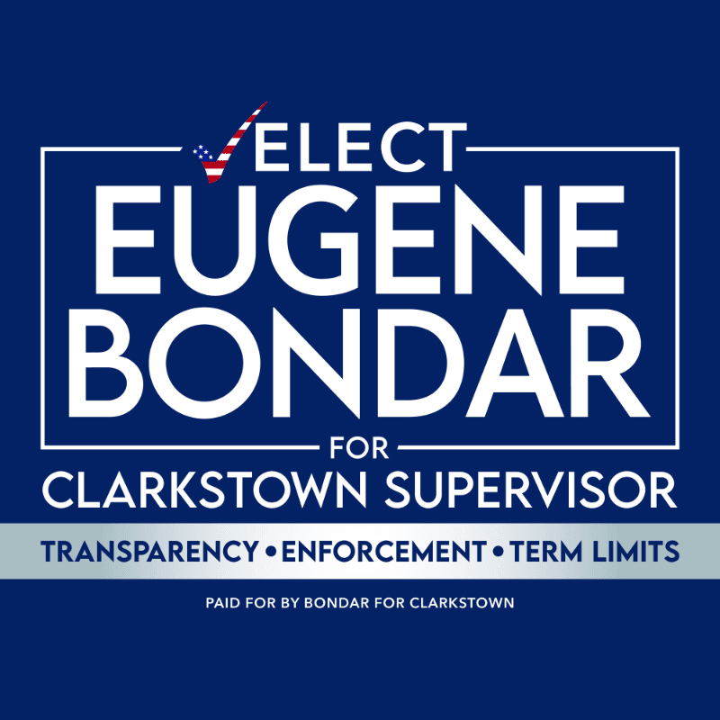 White and blue text promoting Eugene Bondar for Clarkstown Supervisor is set against a dark blue background.