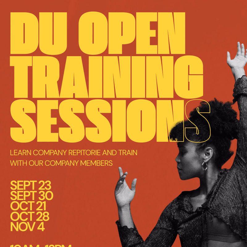 A woman in a dance pose is positioned in the foreground against a solid orange background featuring bold yellow text for "DU OPEN TRAINING SESSIONS."