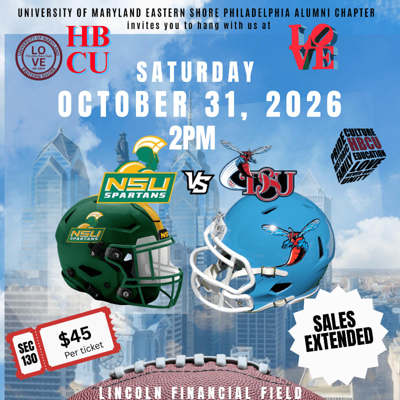 Two football helmets and a ticket are positioned in the foreground against a background of a city skyline and event text.