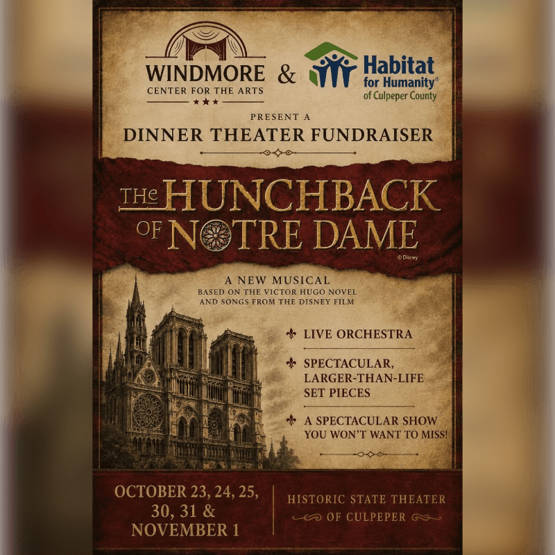 A promotional flyer for "The Hunchback of Notre Dame" dinner theater fundraiser features event details and a picture of the Notre Dame cathedral against a parchment-style background.