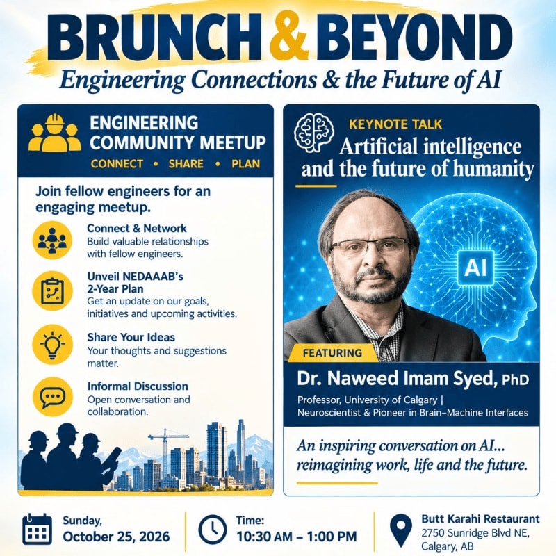 A promotional flyer for a "Brunch & Beyond" engineering meetup features a portrait of Dr. Naweem Imam Syed and event details against a white background with blue accents and a city skyline silhouette.