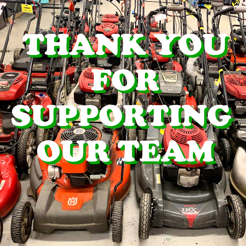 A row of red and grey lawn mowers fills the foreground and background, overlaid with the text "THANK YOU FOR SUPPORTING OUR TEAM."