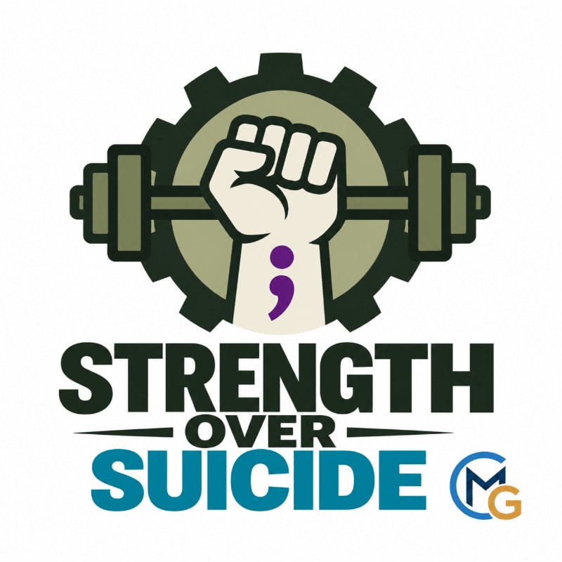 A clenched fist holding a barbell with a purple semicolon on the wrist is centered over a gear, with the text "STRENGTH OVER SUICIDE" set against a plain white background.