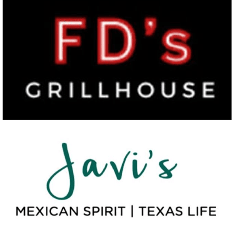 Red and white text for "FD's GRILLHOUSE" sits on a black background above green and black text for "Javi's MEXICAN SPIRIT | TEXAS LIFE" on a white background.