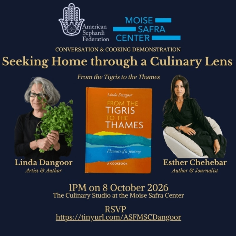 Two women and a cookbook are positioned in the foreground against a dark blue background featuring event details and organizational logos.