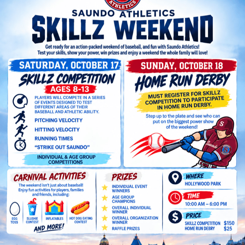 A promotional flyer for the Saundo Athletics Skillz Weekend features event details and a baseball player in the foreground against a light blue sky background.