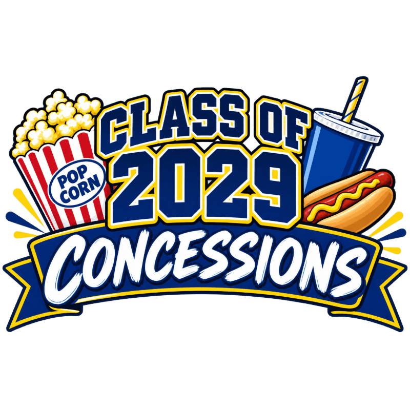 A colorful "Class of 2029 Concessions" logo featuring popcorn, a drink, and a hot dog against a plain white background.