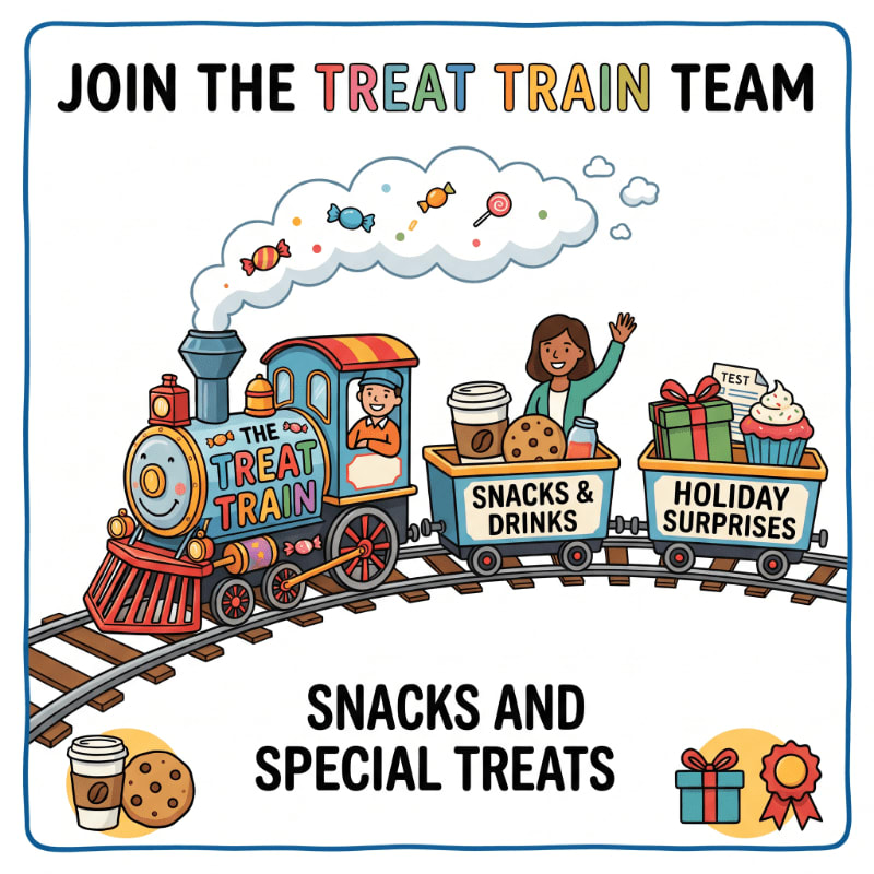 A colorful cartoon train carrying snacks and gifts travels along tracks against a plain white background with promotional text.