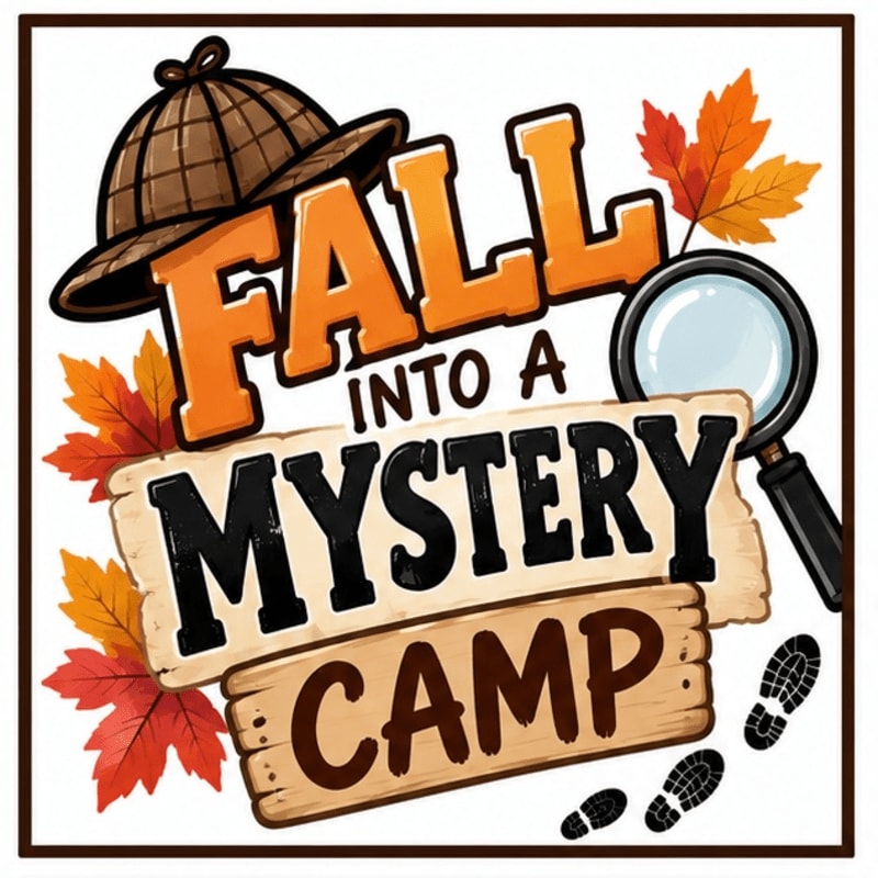Bold orange and black text reading "FALL INTO A MYSTERY CAMP" is surrounded by a detective's hat, a magnifying glass, and autumn leaves against a plain white background.