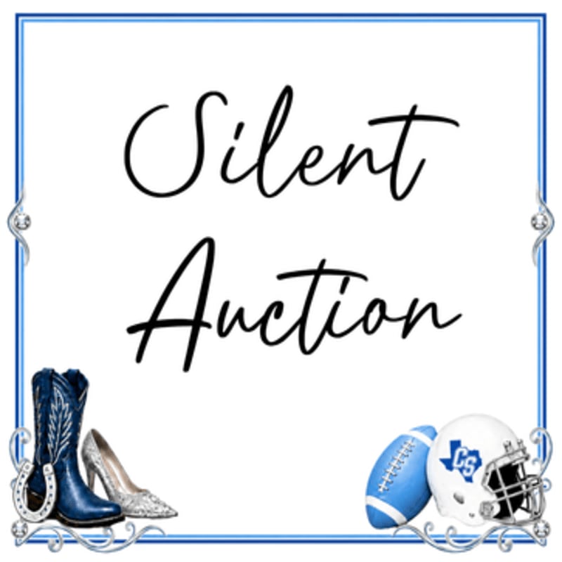 A blue cowboy boot, a silver heel, a football, and a helmet sit in the foreground against a white background with the words "Silent Auction" in black script.