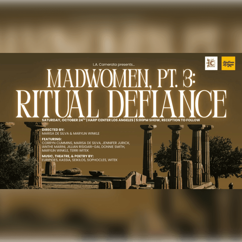 White text announcing "Madwomen, Pt. 3: Ritual Defiance" is layered over a sepia-toned photograph of ancient Greek columns and a tree.