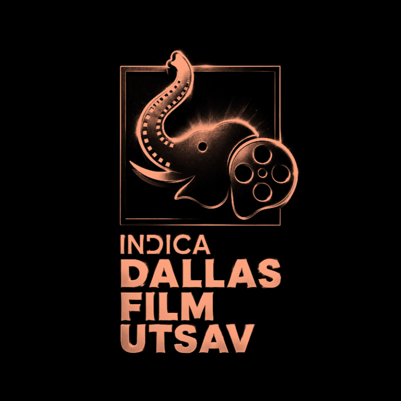 An orange logo featuring an elephant integrated with a film reel and the text "INDICA DALLAS FILM UTSAV" is set against a solid black background.