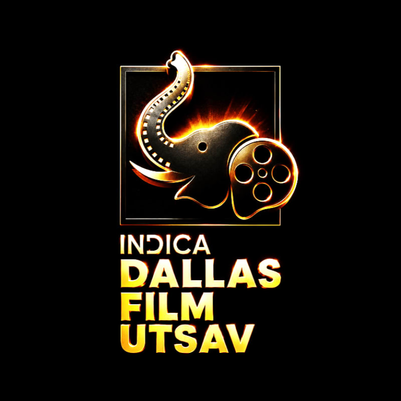 A golden elephant logo integrated with a film reel sits above the text "INDICA DALLAS FILM UTSAV" against a solid black background.