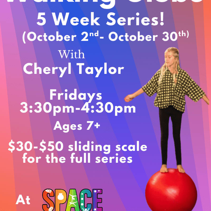 A young girl balances on a large red ball in the foreground against a purple and pink gradient background featuring event text.