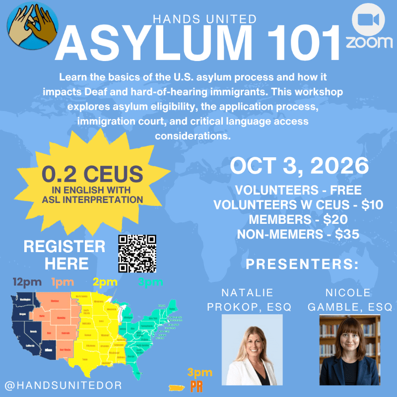 A blue promotional flyer for an "Asylum 101" workshop features event details and presenter photos in the foreground over a faded map of the world in the background.