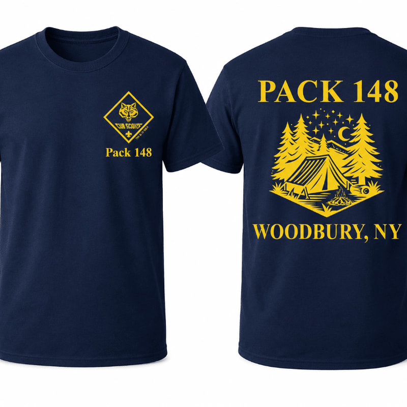 Two navy blue t-shirts featuring yellow Cub Scout Pack 148 graphics are displayed against a plain white background.