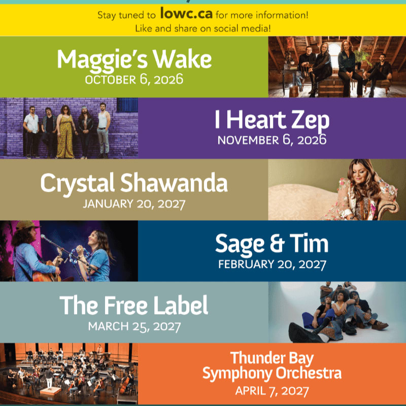 A colorful event schedule lists various musical acts and dates in the foreground against a multi-colored striped background.