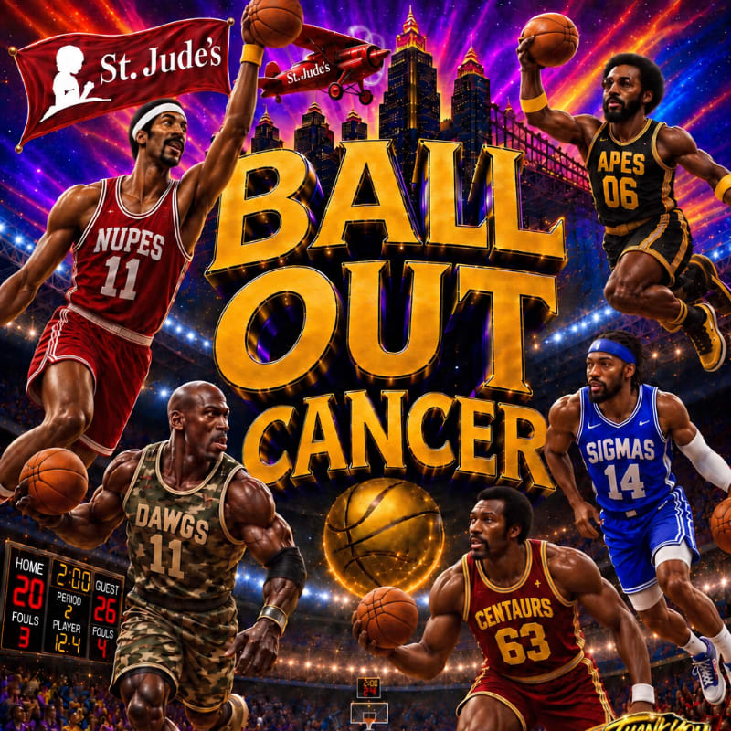 Basketball players in various colorful jerseys surround the golden text "BALL OUT CANCER" against a backdrop of a crowded arena and a city skyline.