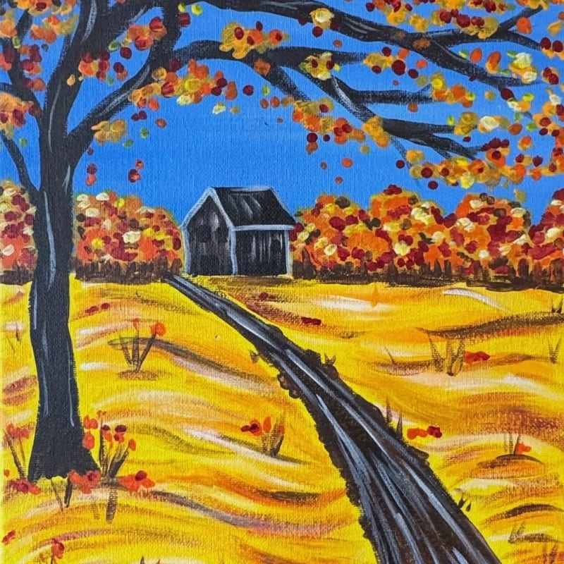 A dark tree and a winding path lead through a yellow field toward a small grey barn set against a backdrop of autumn foliage and a bright blue sky.