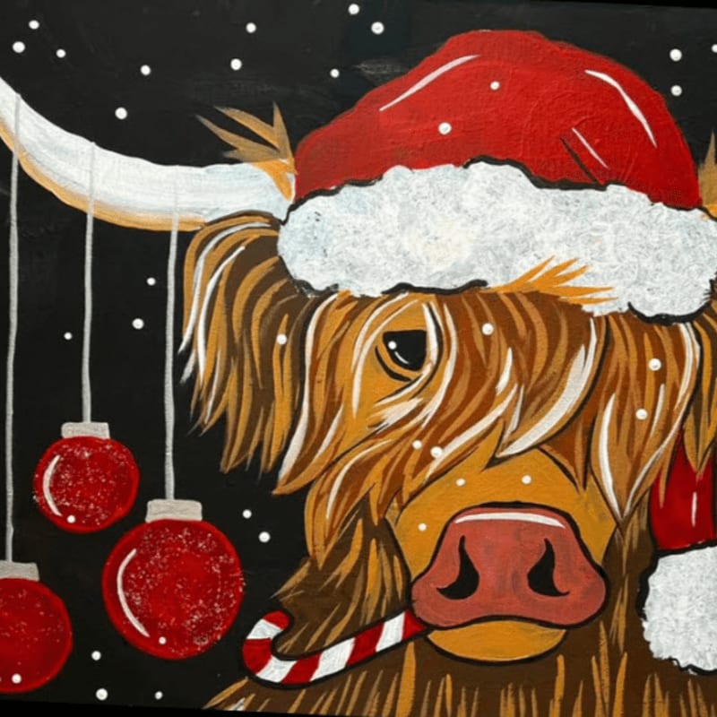 A Highland cow wearing a Santa hat and holding a candy cane in its mouth stands against a black background with falling snow and hanging red ornaments.
