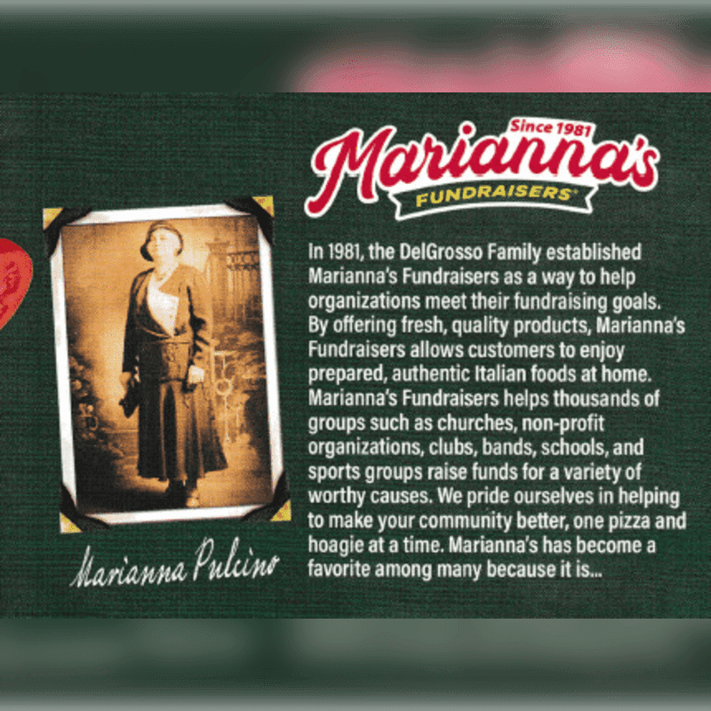 A sepia-toned photograph of Marianna Pulcino is in the foreground, with text about Marianna's Fundraisers filling the background.