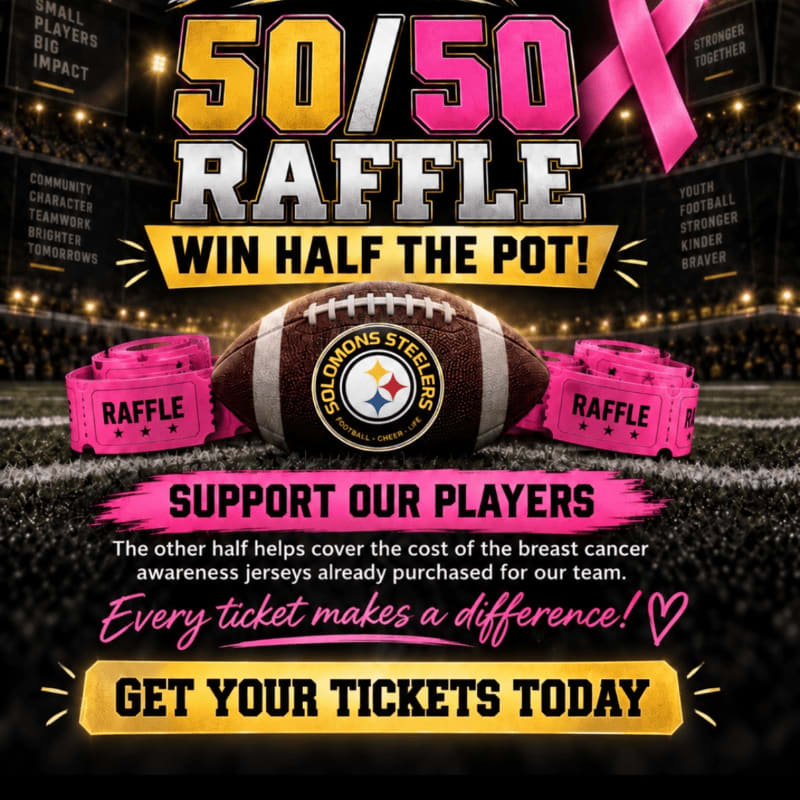 A football and pink raffle tickets sit in the foreground of a stadium background with "50/50 RAFFLE" text and a pink breast cancer awareness ribbon.