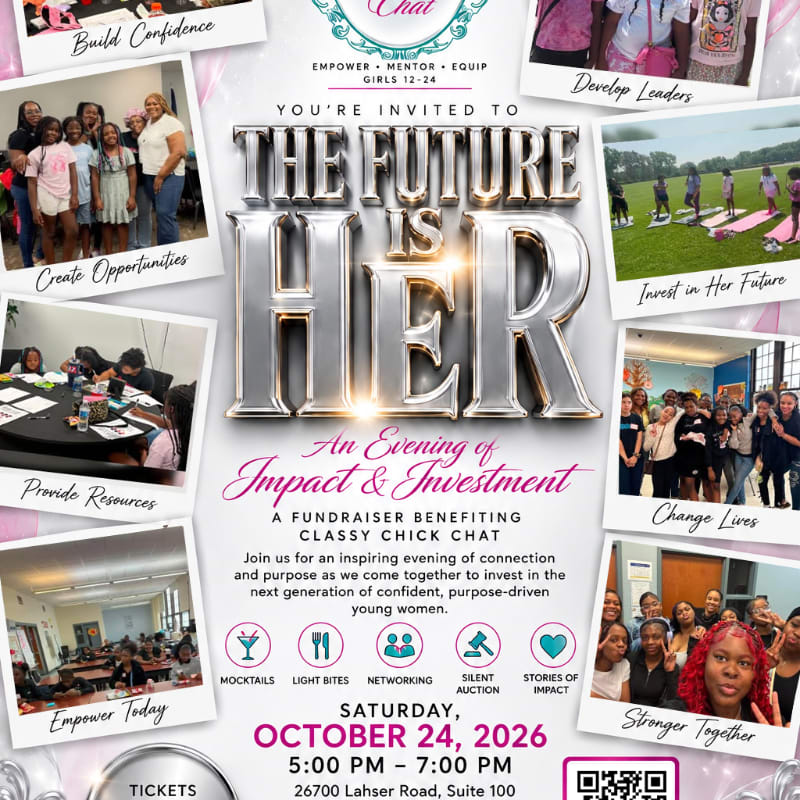 A flyer for a fundraiser titled "The Future Is Her" features a central metallic text design with smaller photos of young women and empowering phrases surrounding it, set against a pink and white background.