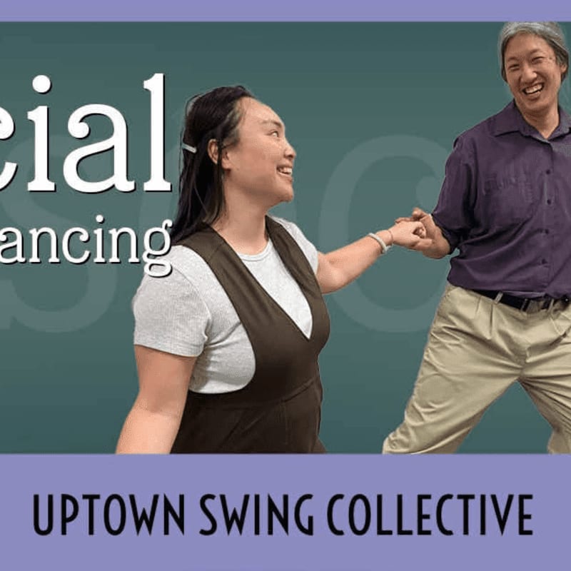 A smiling couple dances in the foreground, with the words "social dancing" blurred in the background.