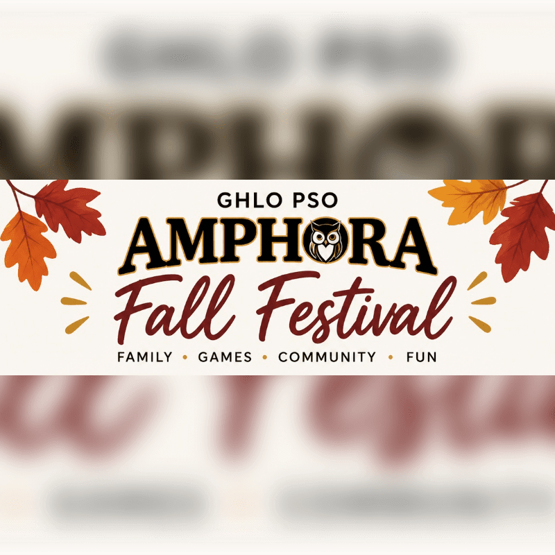 A central white banner advertising the "GHLO PSO Amphora Fall Festival" with autumn leaves is set against a blurred, mirrored background.