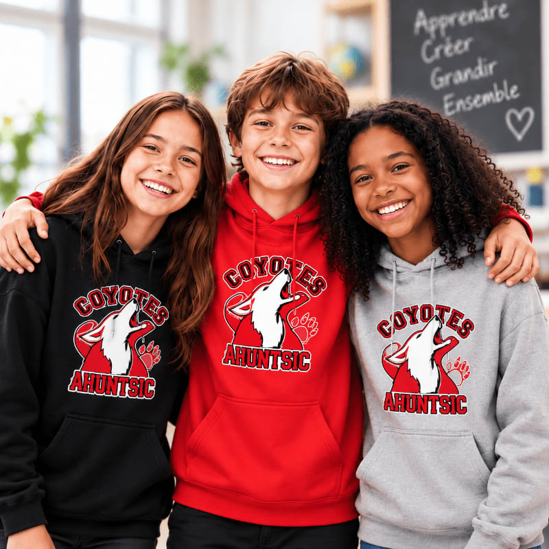 Three smiling teenagers wearing black, red, and grey "Coyotes Ahuntsic" hoodies stand together in a classroom with a chalkboard in the background.