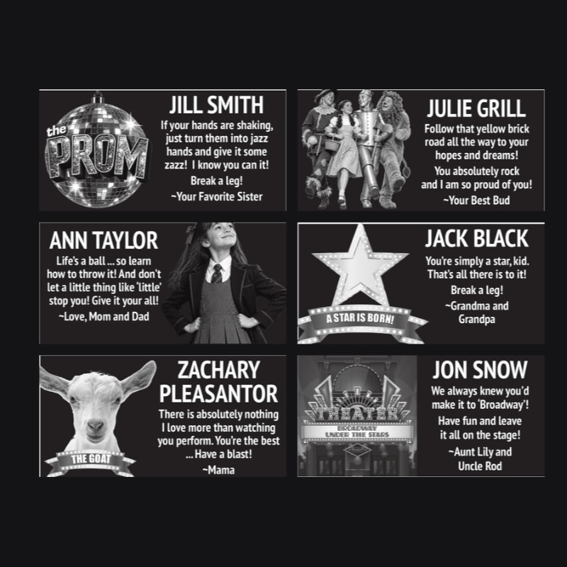 A grid of six black and white celebratory cards featuring various photos and encouraging messages against a dark background.