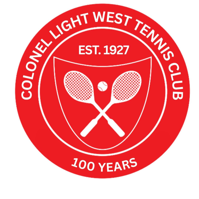 Two crossed tennis rackets and a ball are centered within a white shield, all set against a red circular background featuring the text "COLONEL LIGHT WEST TENNIS CLUB," "EST. 1927," and "100 YEARS."