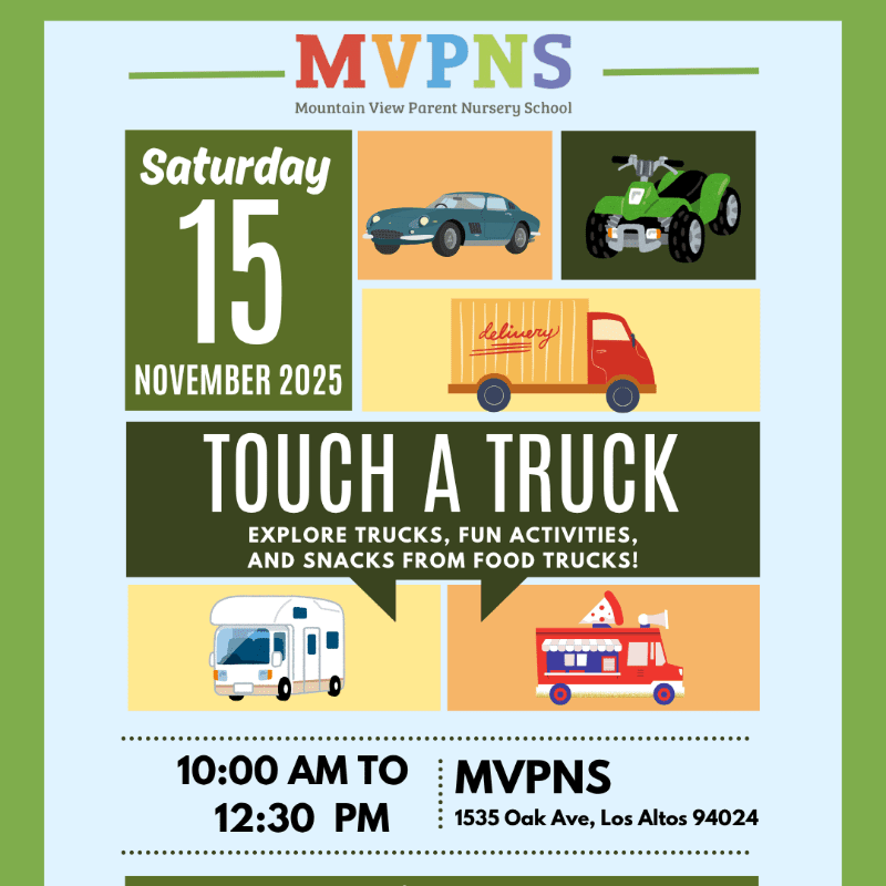 An event flyer for "Touch a Truck" features colorful vehicle illustrations in the foreground against a light blue and green background.