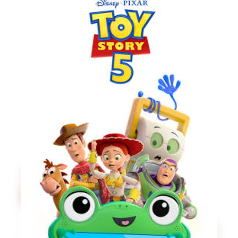 A group of Toy Story characters, including Woody, Jessie, Buzz Lightyear, and Bullseye, are gathered in the foreground against a plain white background featuring the "Toy Story 5" logo.