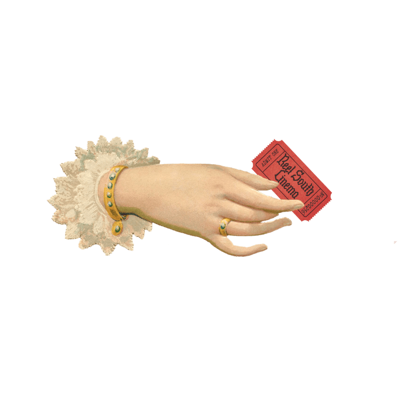 A hand wearing a gold bracelet and ring holds a red cinema ticket against a plain white background.