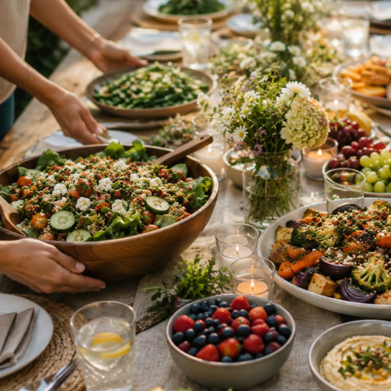 Hands serve a large salad on a table laden with fresh fruits, vegetables, and floral arrangements, set outdoors in soft, natural light.