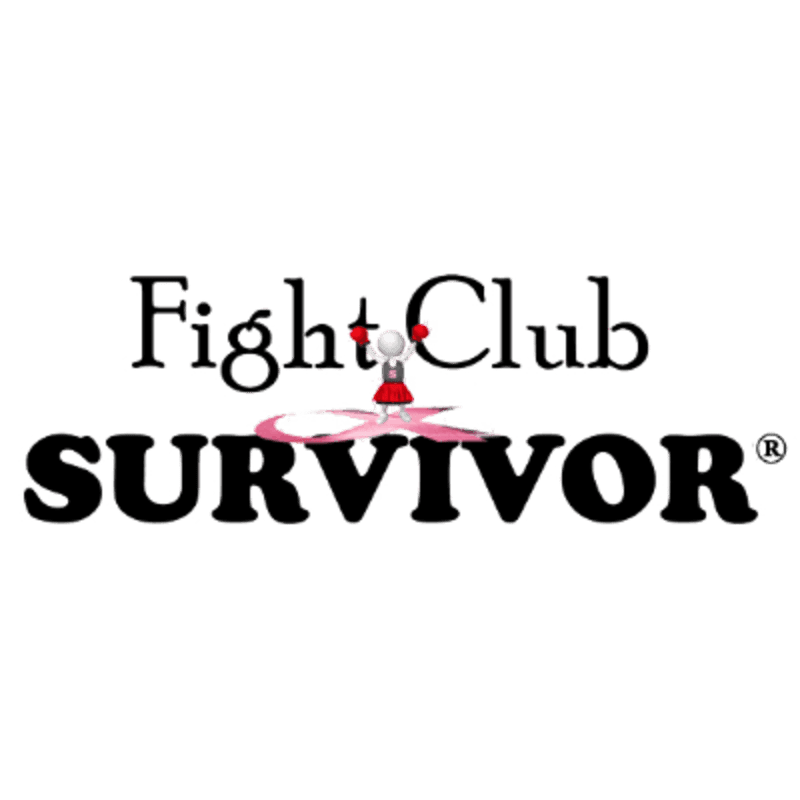 The text "Fight Club SURVIVOR" and a small figure of a woman with boxing gloves standing on a pink ribbon are centered against a plain white background.