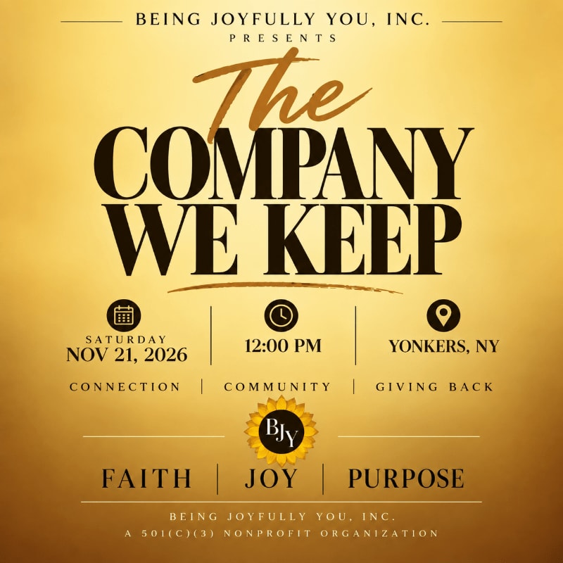 Bold black and gold text announcing "The Company We Keep" event sits centered against a glowing, gradient yellow background.