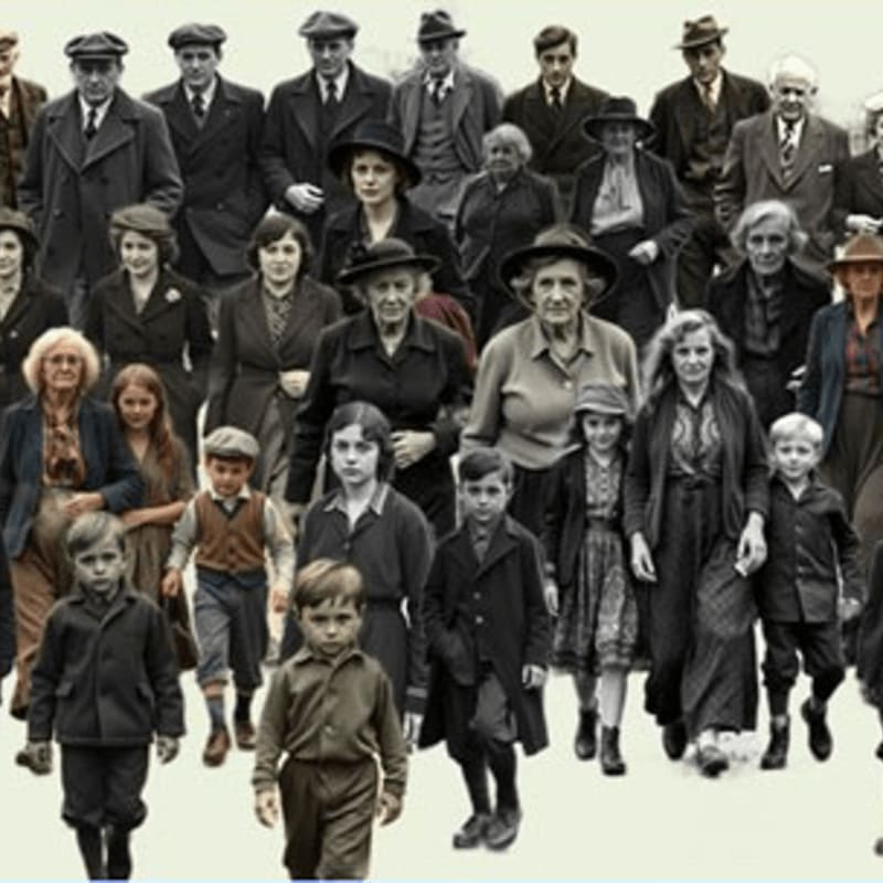 A diverse group of people in early 20th-century attire stands closely together against a plain, light-colored background.